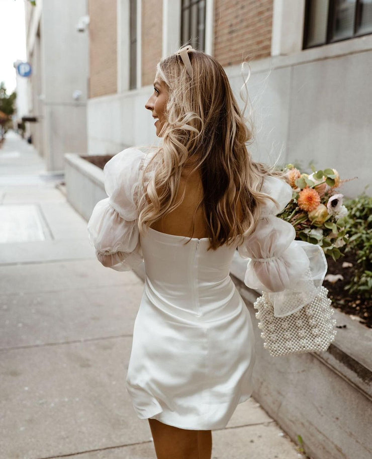 Fairy Cute Sheath Short Satin Wedding Dresses with Long Sleeves