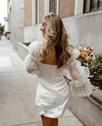 Fairy Cute Sheath Short Satin Wedding Dresses with Long Sleeves