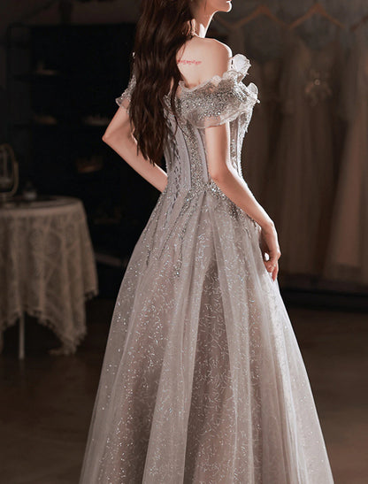 A-Line Prom Dresses Sparkle & Shine Floor Length Short Sleeve Off Shoulder Polyester with Sequin Ruffles