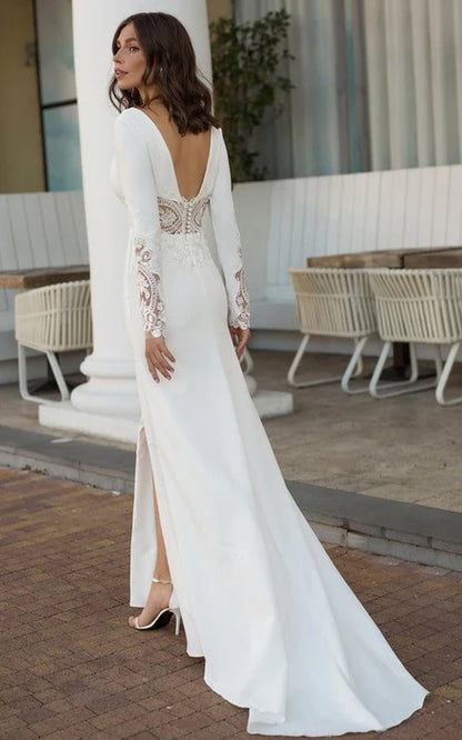 V-Neck Sheath Floor-length Sweep Train Long Sleeve Wedding Dress With Split Front