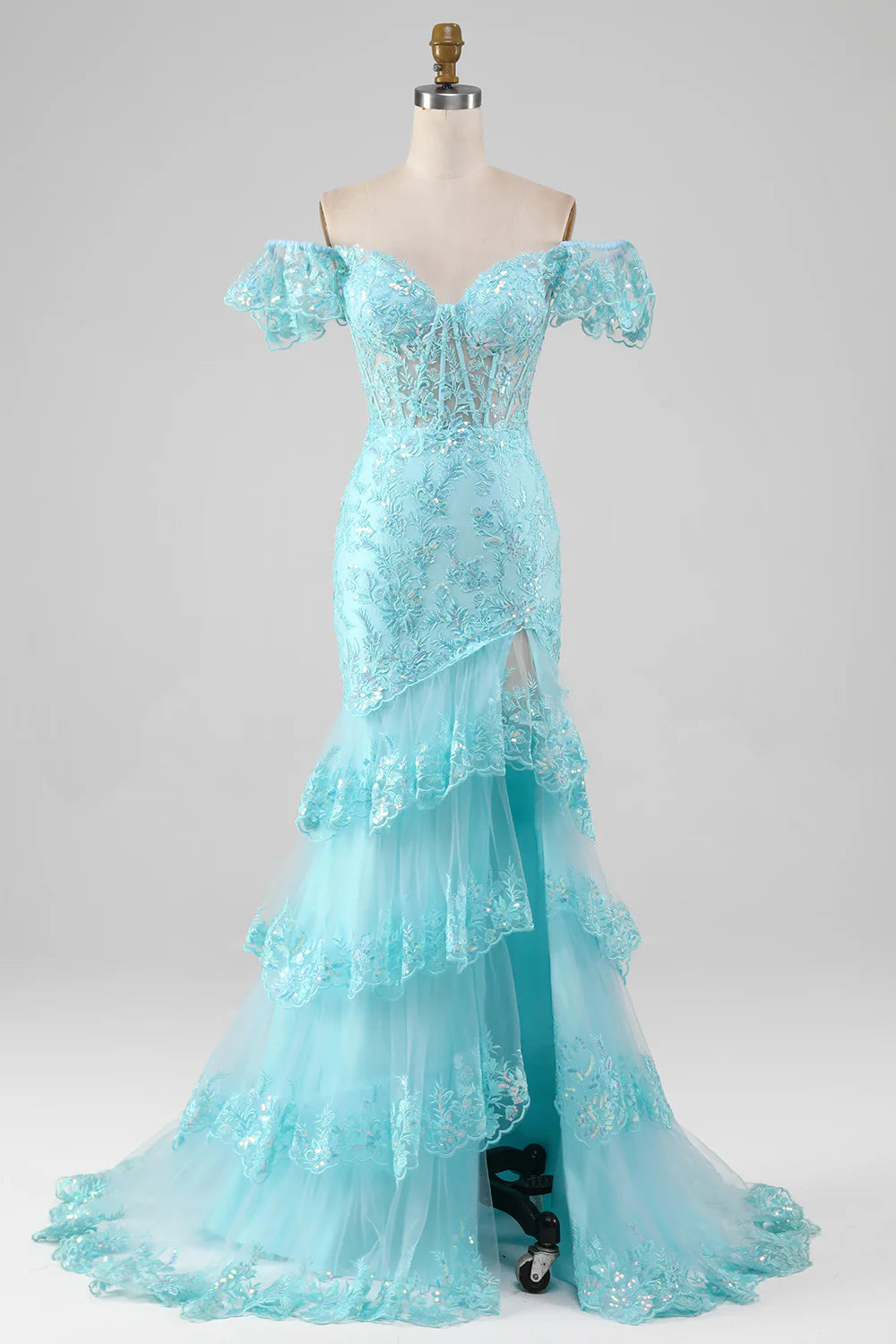 Mermaid Off the Shoulder Lace and Sequin Prom Dress with Slit