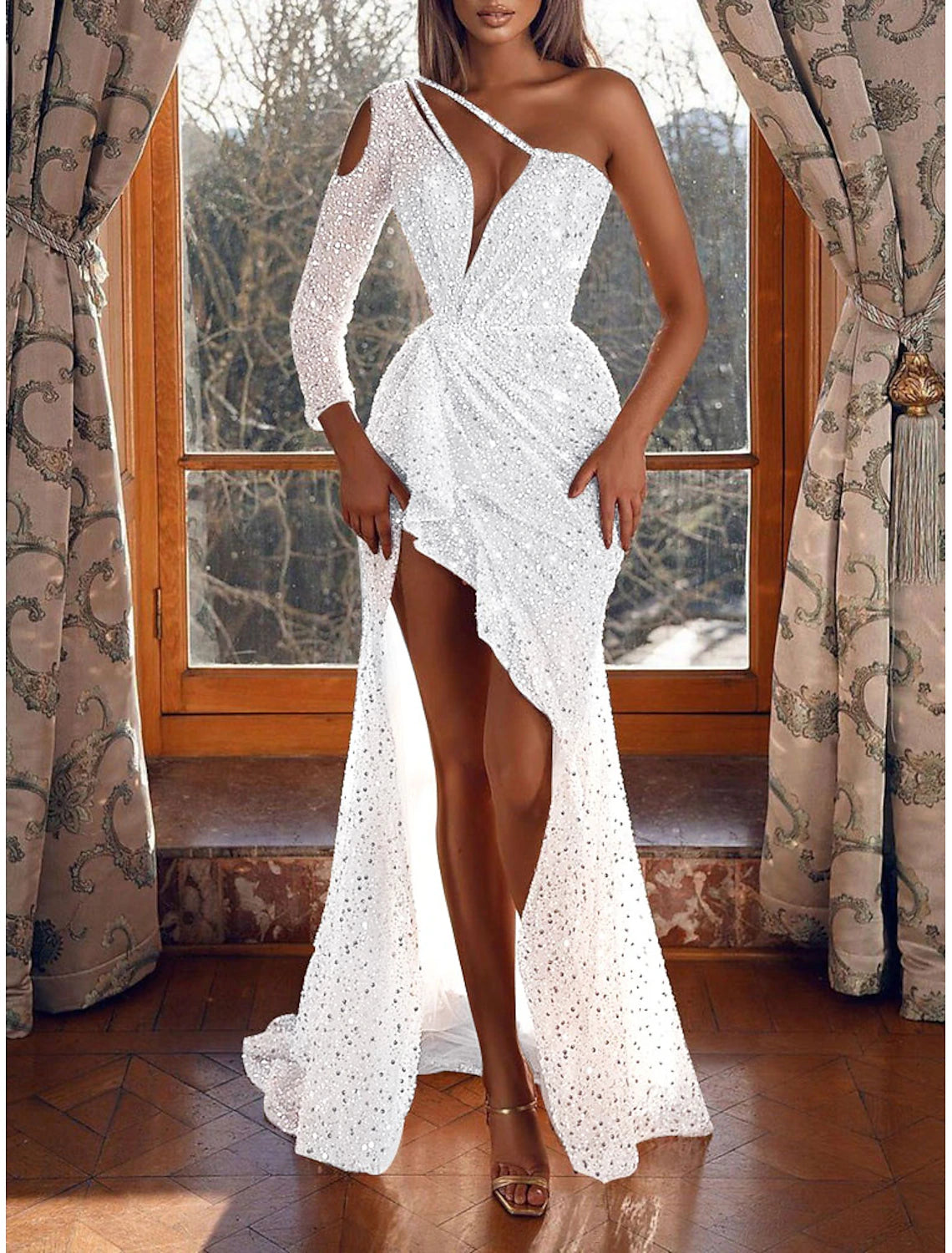 Mermaid / Trumpet Prom Dresses Sparkle Evening Sweep / Brush Train Long Sleeve One Shoulder Sequined with Sequin