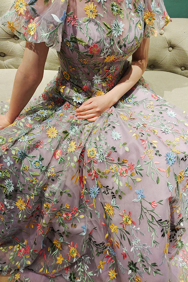 Mauve A-Line Embroidered Long Prom Dress With Appliqued