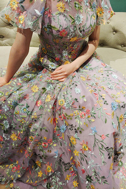 Mauve A-Line Embroidered Long Prom Dress With Appliqued