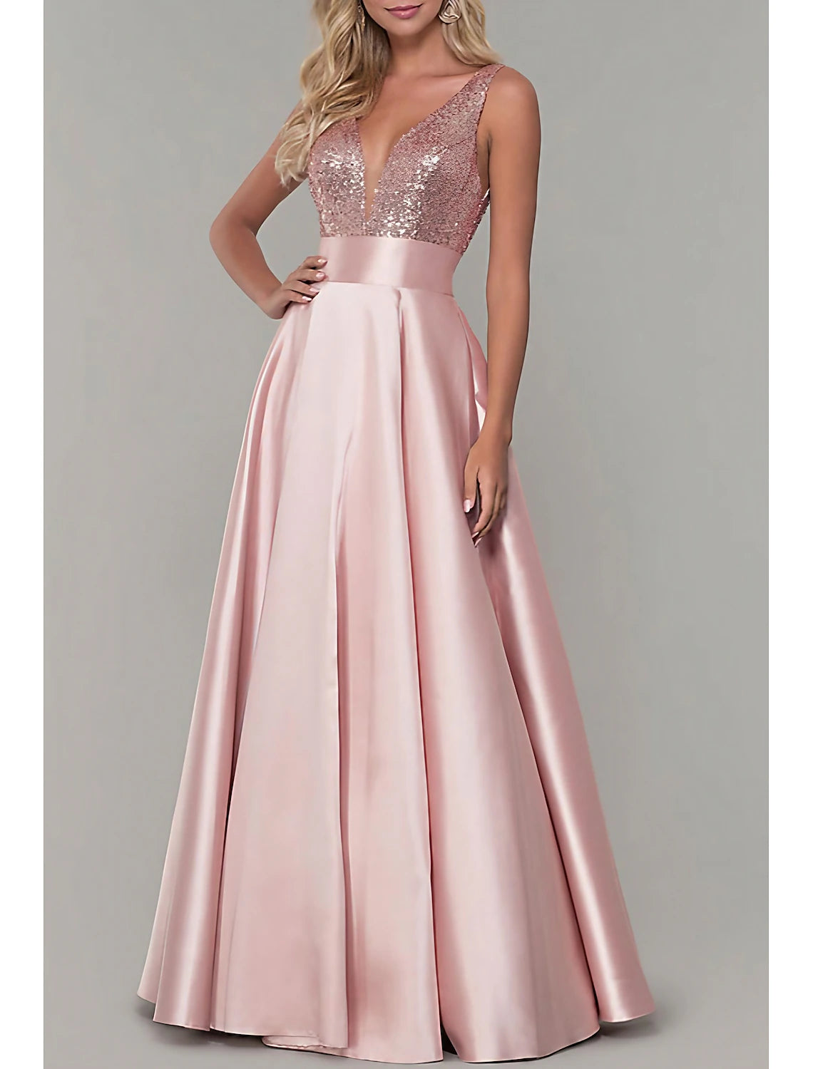 A-Line Prom Dresses Sparkle Evening Floor Length Sleeveless V Neck Satin with Pleats Sequin