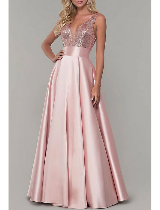 A-Line Prom Dresses Sparkle Evening Floor Length Sleeveless V Neck Satin with Pleats Sequin