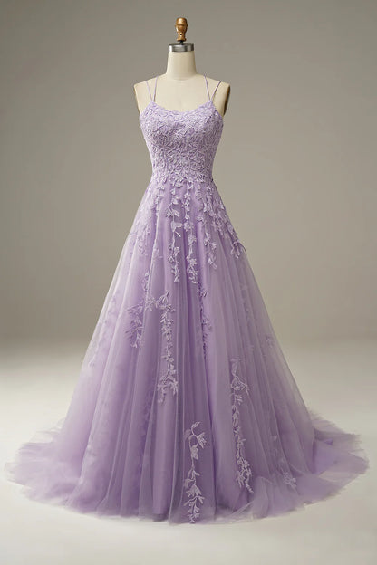 A-Line Purple Backless Tulle Spaghetti Straps Long Prom Dress