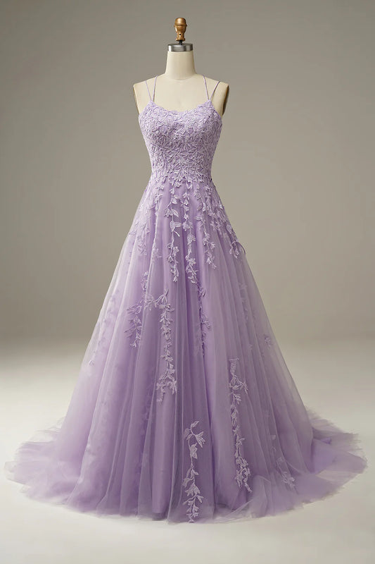 A-Line Purple Backless Tulle Spaghetti Straps Long Prom Dress