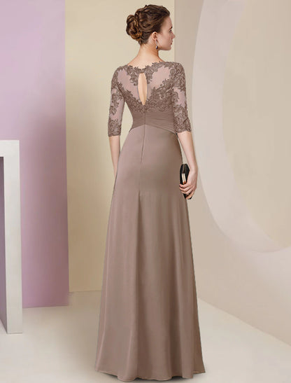 Sheath / Column Mother of the Bride Dress Elegant Simple Jewel Neck Floor Length Chiffon Lace Half Sleeve with Pleats Solid Color