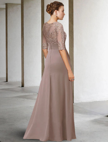Sheath / Column Mother of the Bride Dress Wedding Guest Jewel Neck Floor Length Chiffon Lace with Appliques