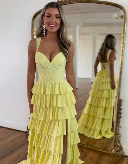 Yellow A Line V-Neck Beaded Long Layered Prom Dress with Slit