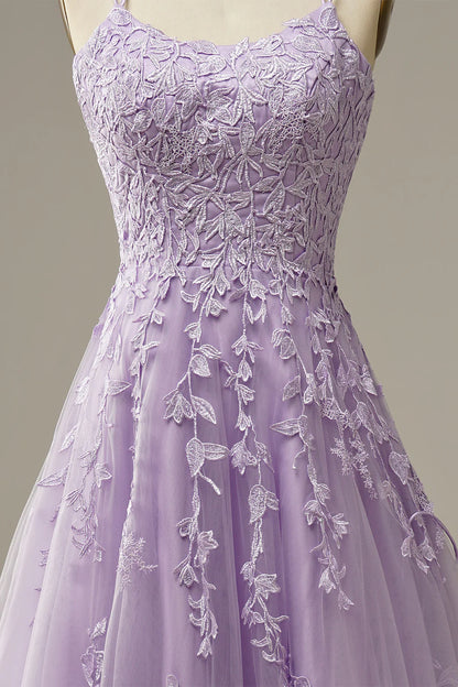 A-Line Purple Backless Tulle Spaghetti Straps Long Prom Dress