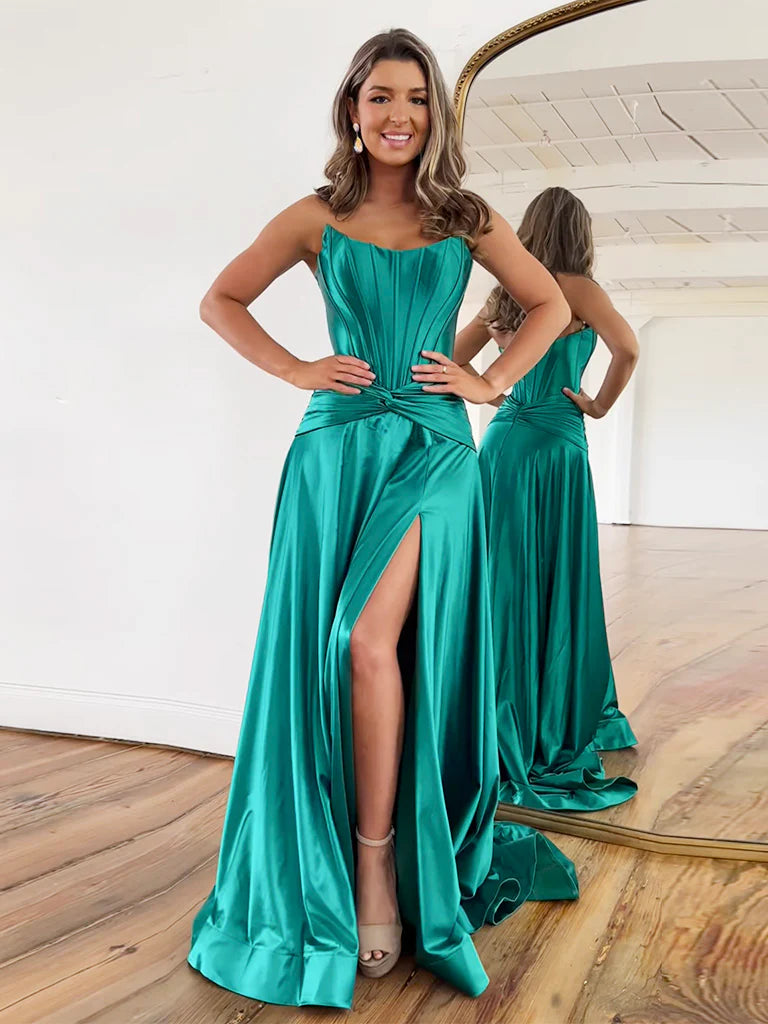 Simple A-Line Satin Green Long Prom Dress Formal Dress With Slit