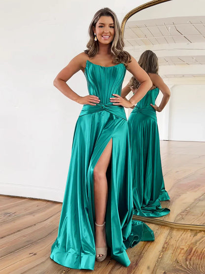 Simple A-Line Satin Green Long Prom Dress Formal Dress With Slit