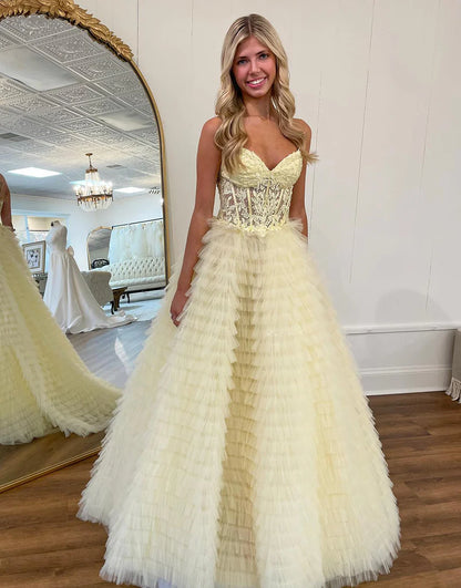 A-Line Sweetheart Ruffle Tiered Prom Dress Ball Gown With Appliques