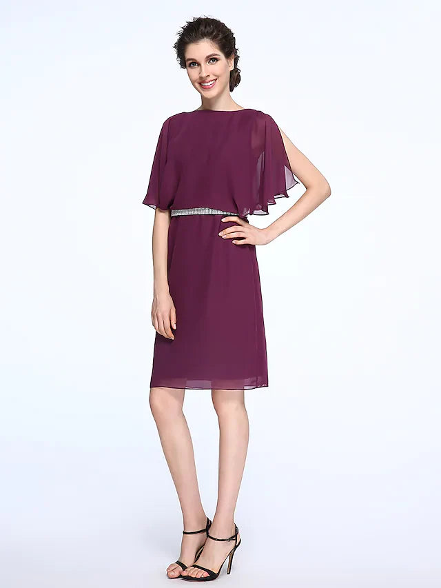 Mother of the Bride Dress Elegant Bateau Neck Knee Length Chiffon Half Sleeve with Crystals