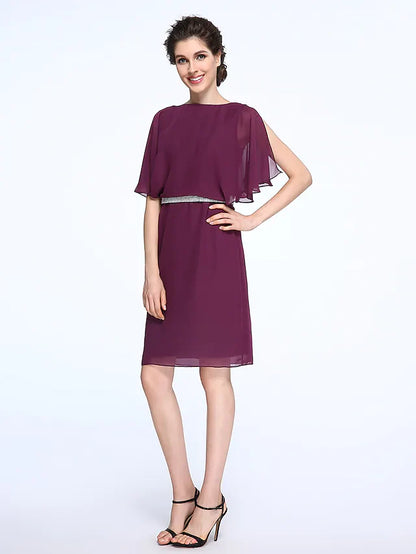 Mother of the Bride Dress Elegant Bateau Neck Knee Length Chiffon Half Sleeve with Crystals