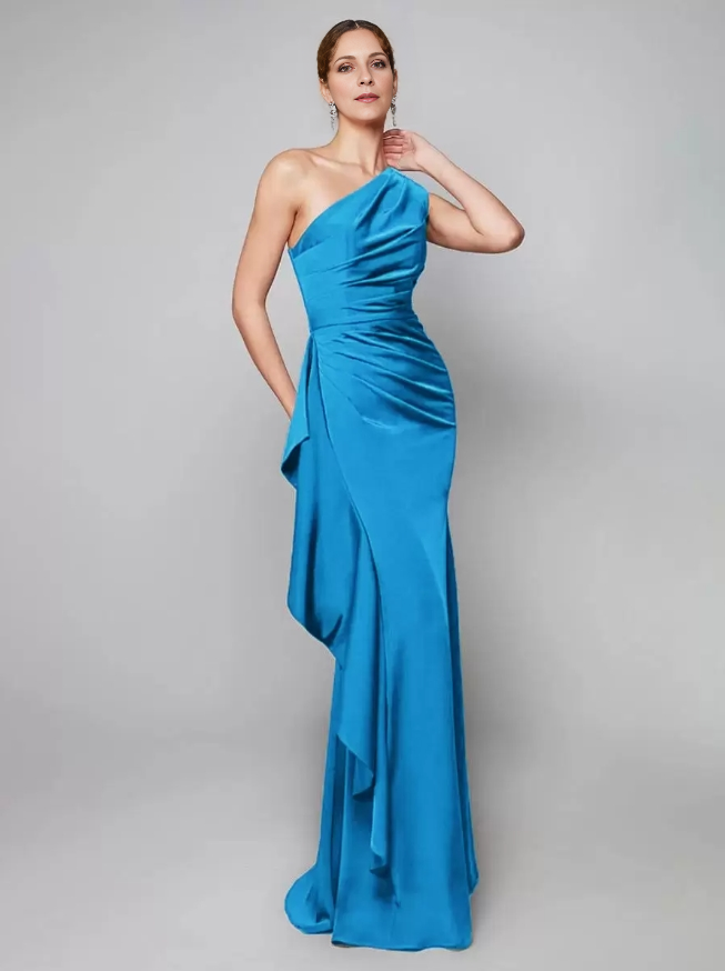 Sheath One-Shoulder Pleated Sweep Asymmetrical Mermaid Guest Dresses  Mother of the Bride Dresse
