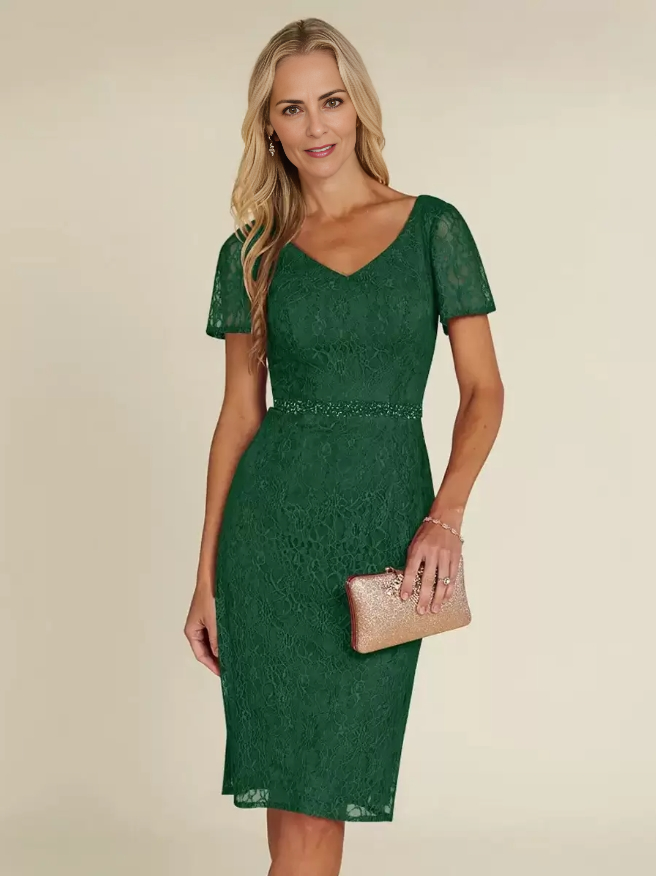 Sheath Mother of the Bride Dresse V-Neck Short Sleeves Short Lace Knee-Length Wedding Guest Dresses