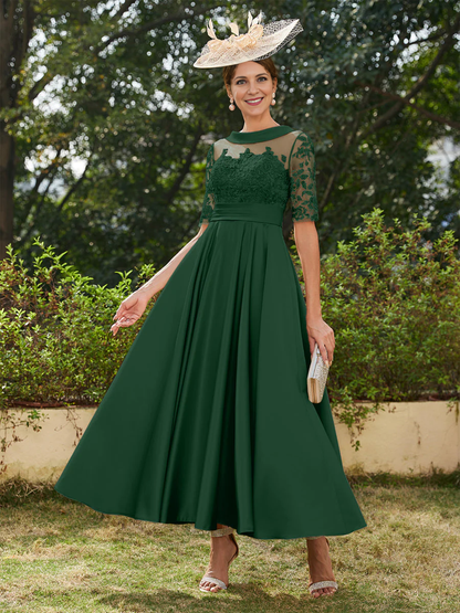 A-Line/Princess Scoop Half Sleeves Ankle-Length Long Evening Dresses Mother of the Bride Dresse with Appliques