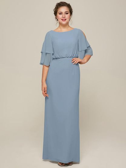 Jewel Neck Short Sleeves A-Line Split Front Wedding Guest Dresses Chiffon Mother of the Bride Dresse