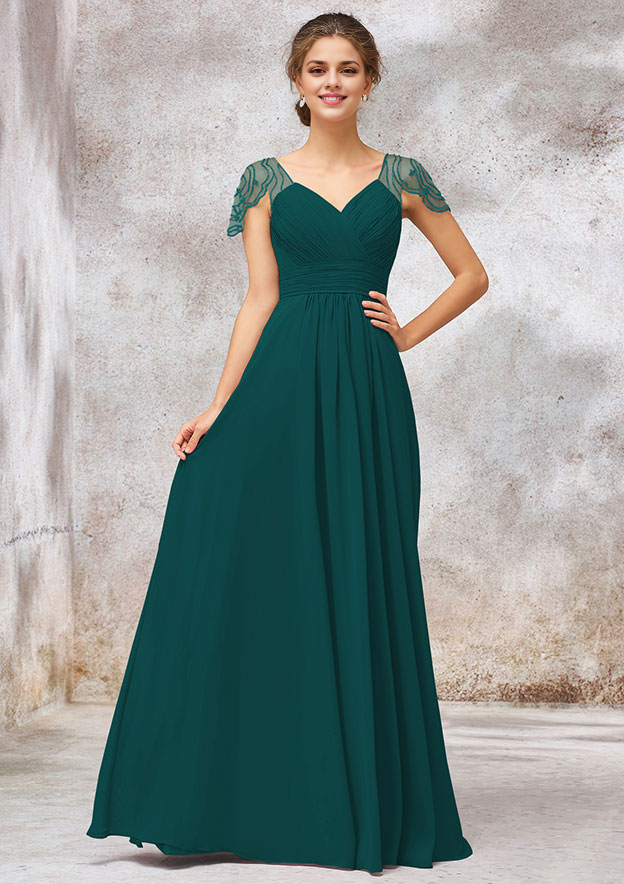 Chiffon Bridesmaid Dress A-line Long/Floor-Length V Neck Cap Straps With Pleated Beading