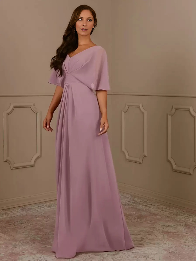 V-Neck Short Sleeves A-Line Pleated Wedding Guest Dresses Chiffon Mother of the Bride Dresse