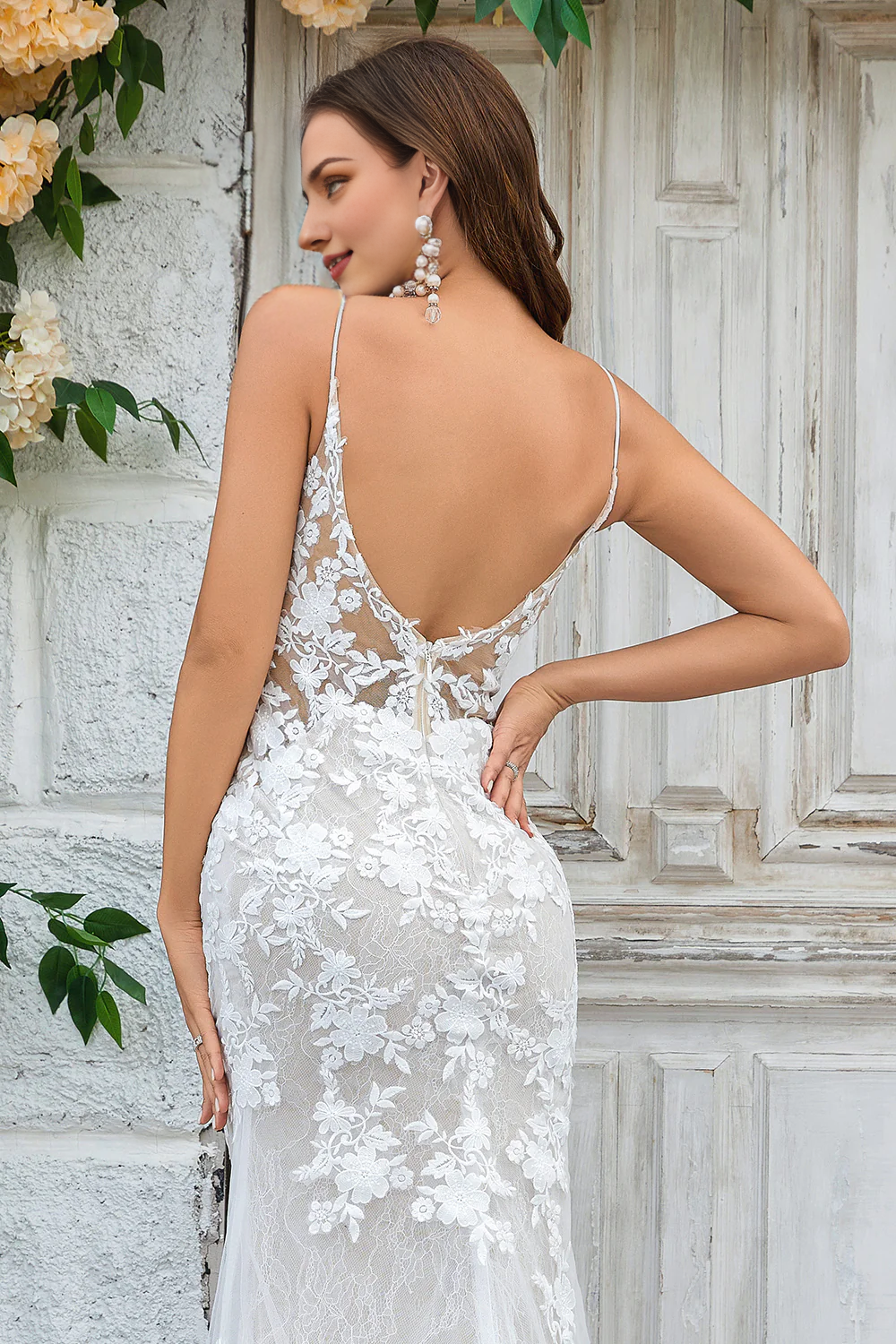 Ivory Mermaid Lace Long V-Neck Wedding Dress Train Dresses