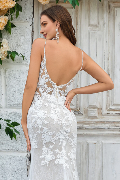 Ivory Mermaid Lace Long V-Neck Wedding Dress Train Dresses