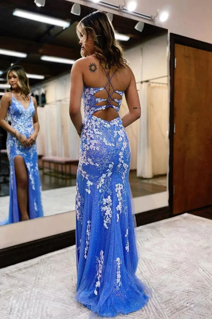 Glitter Blue Mermaid Lace V-Neck Long Prom Dress with Slit