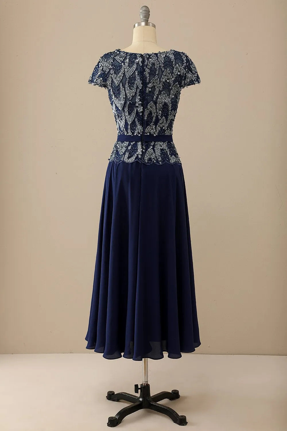 A-Line Navy Round Neck Mother of Bride Dress Wedding Guest Dresses with Sequins