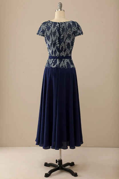 A-Line Navy Round Neck Mother of Bride Dress Wedding Guest Dresses with Sequins