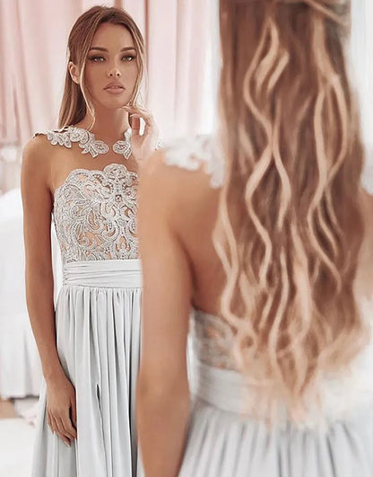 A-Line Illusion Neckline Appliques Long Bridesmaid Dress With Split