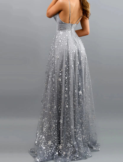 A-Line Prom Dresses Sparkle Sweep / Brush Train Sleeveless V Neck Satin with Pleats Sequin Slit