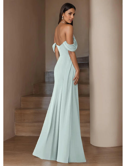 A-Line Wedding Guest Dresses Prom Dress Floor Length Sleeveless Off Shoulder Imitation Silk with Ruched Slit