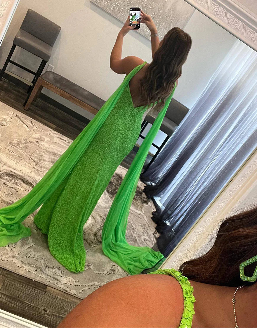 Long Sequin V-Neck Prom Dress With High Slit