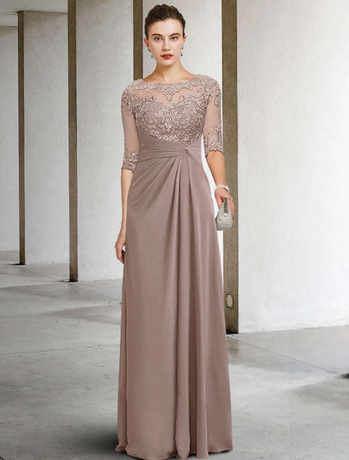 Sheath / Column Mother of the Bride Dress Wedding Guest Jewel Neck Floor Length Chiffon Lace with Appliques