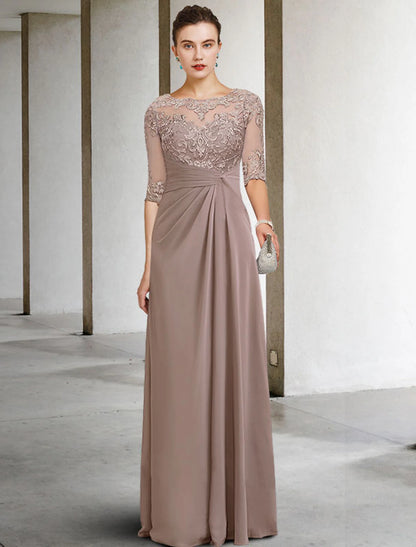 Sheath / Column Mother of the Bride Dress Wedding Guest Jewel Neck Floor Length Chiffon Lace with Appliques