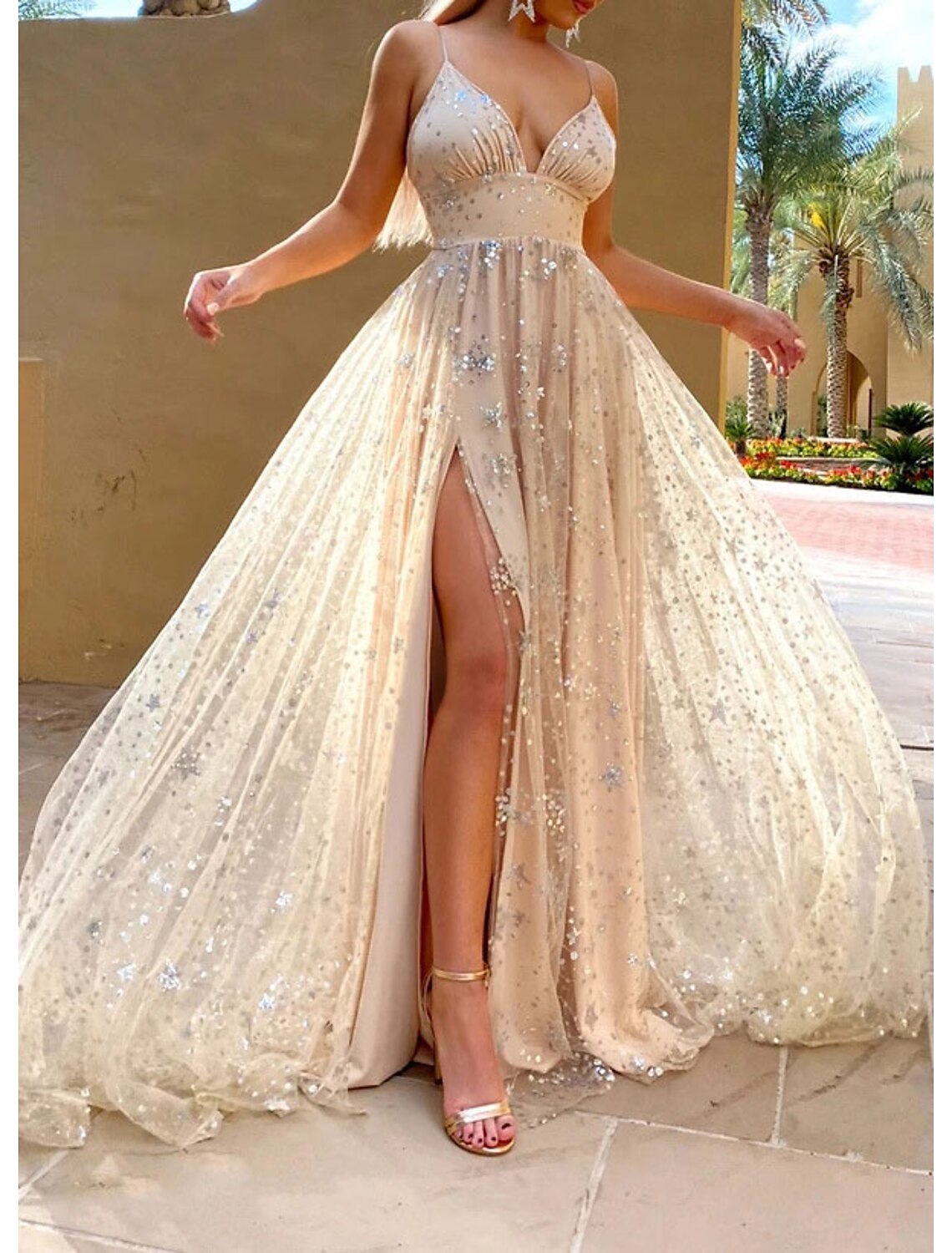 A-Line Prom Dresses Sparkle Sweep / Brush Train Sleeveless V Neck Satin with Pleats Sequin Slit