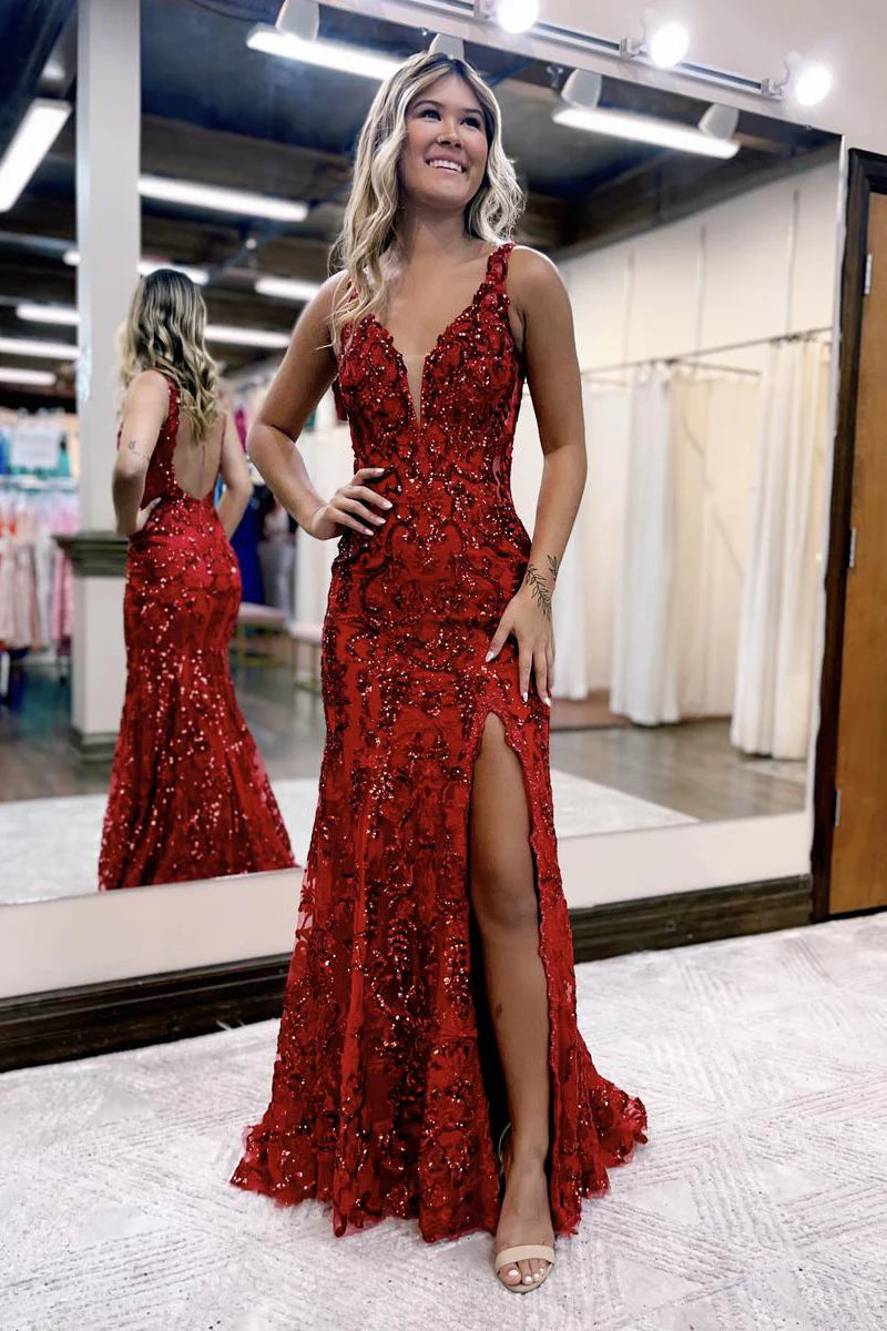 Red V Neck Sequins Lace Long Mermaid Prom Dress