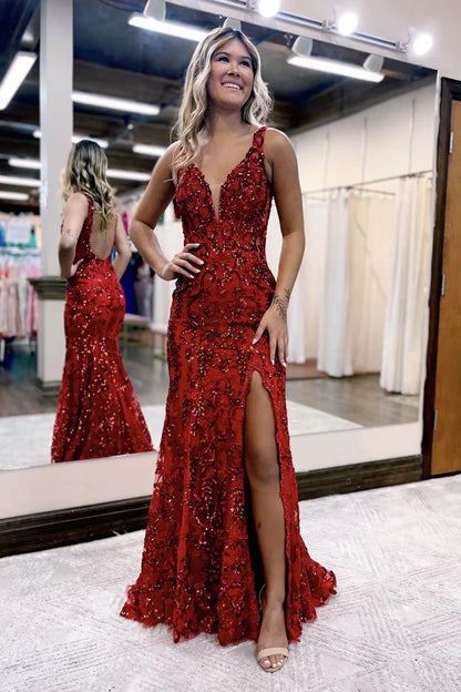 Red V Neck Sequins Lace Long Mermaid Prom Dress