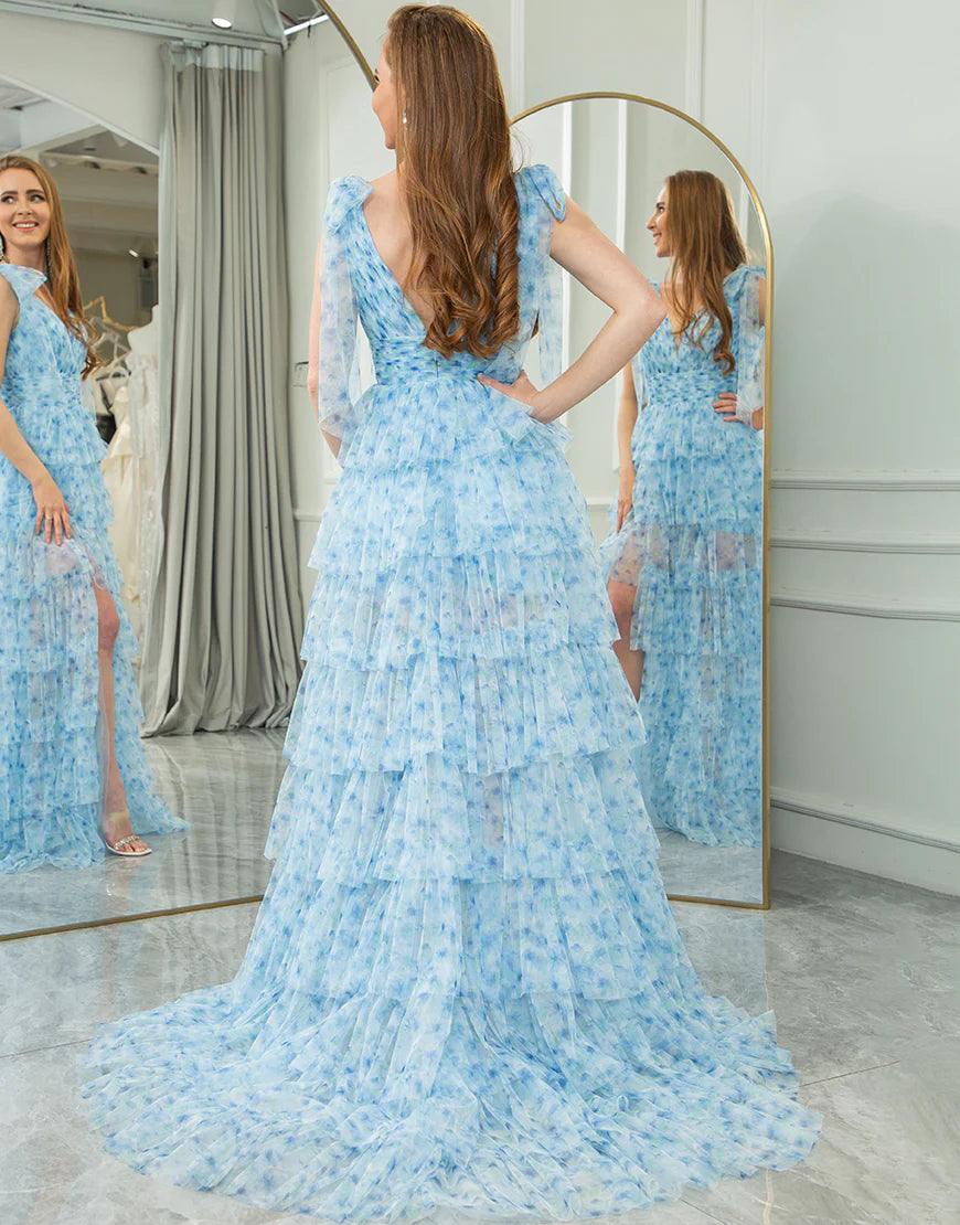 A Line Princess V-Neck Tiered Long Prom Dress With Slit