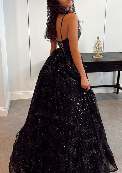 A-line Sweetheart Sleeveless Tulle Satin Sweep Train Prom Dress With Glitter