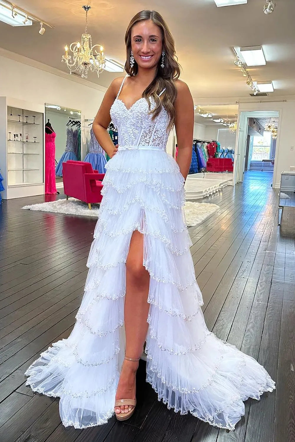 Princess A Line Spaghetti Straps White Corset Prom Dress Appliques Ruffles With Slit