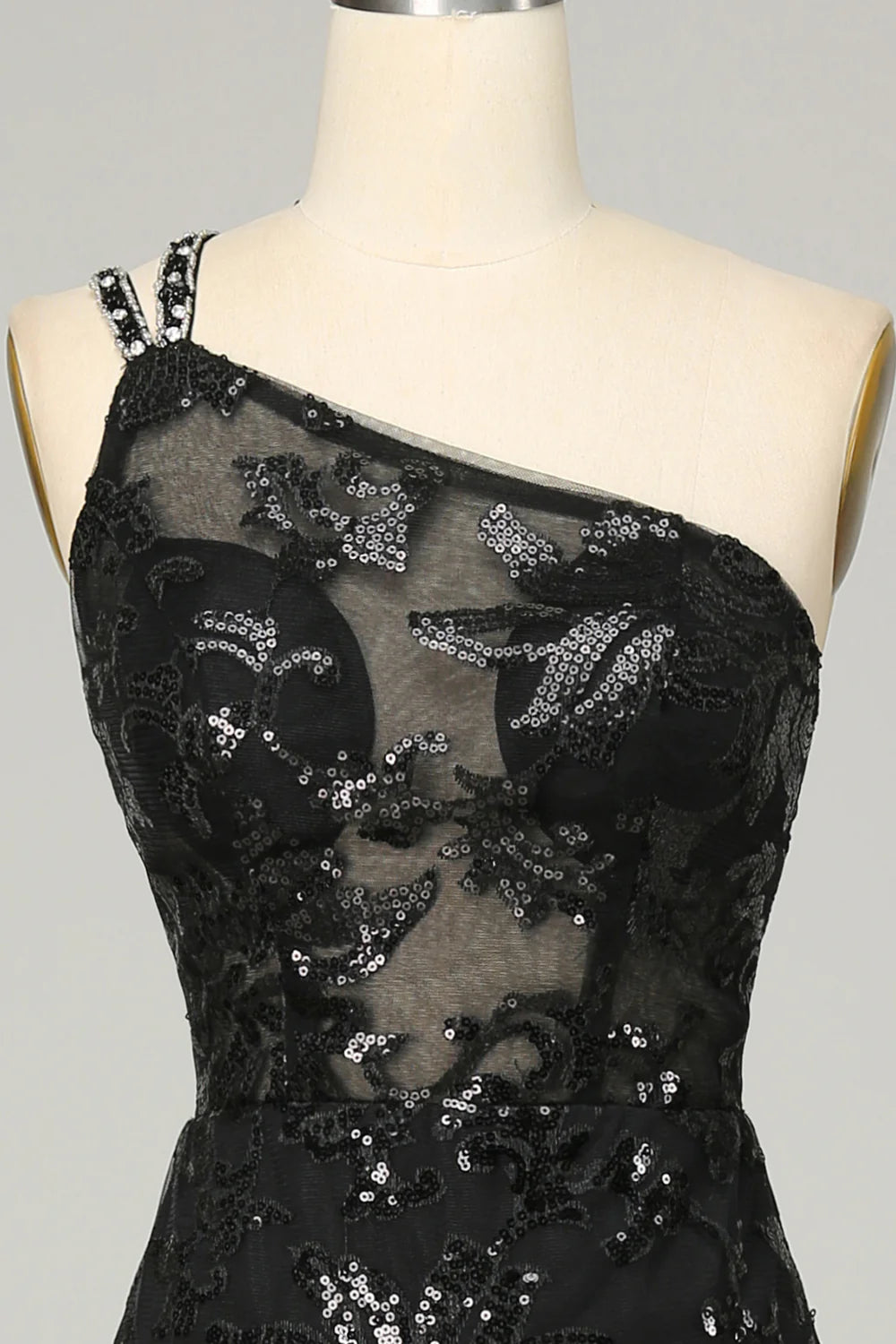 Mermaid Sheath One Shoulder Backless Sequins Black Lace Long Prom Dress