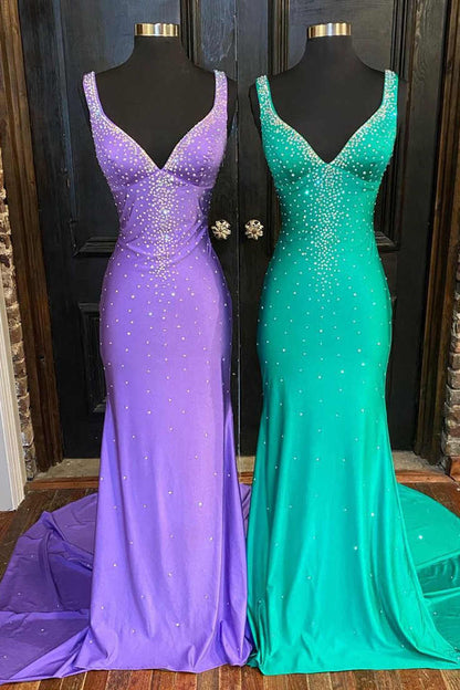 V-Neck Lilac Beaded Backless/With Lace Up Back Prom Dress with Sweep Train