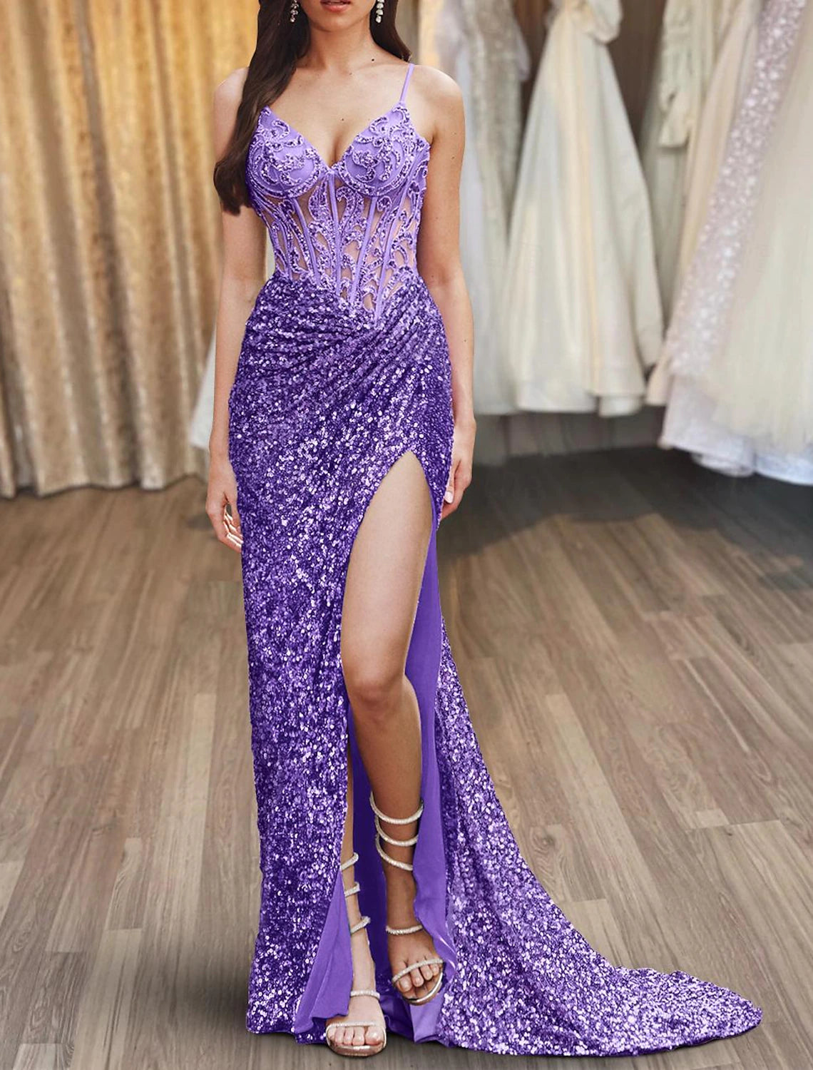 Mermaid / Trumpet Prom Dresses Corsets Wedding Guest Floor Length Spaghetti Strap Sequined with Slit Appliques