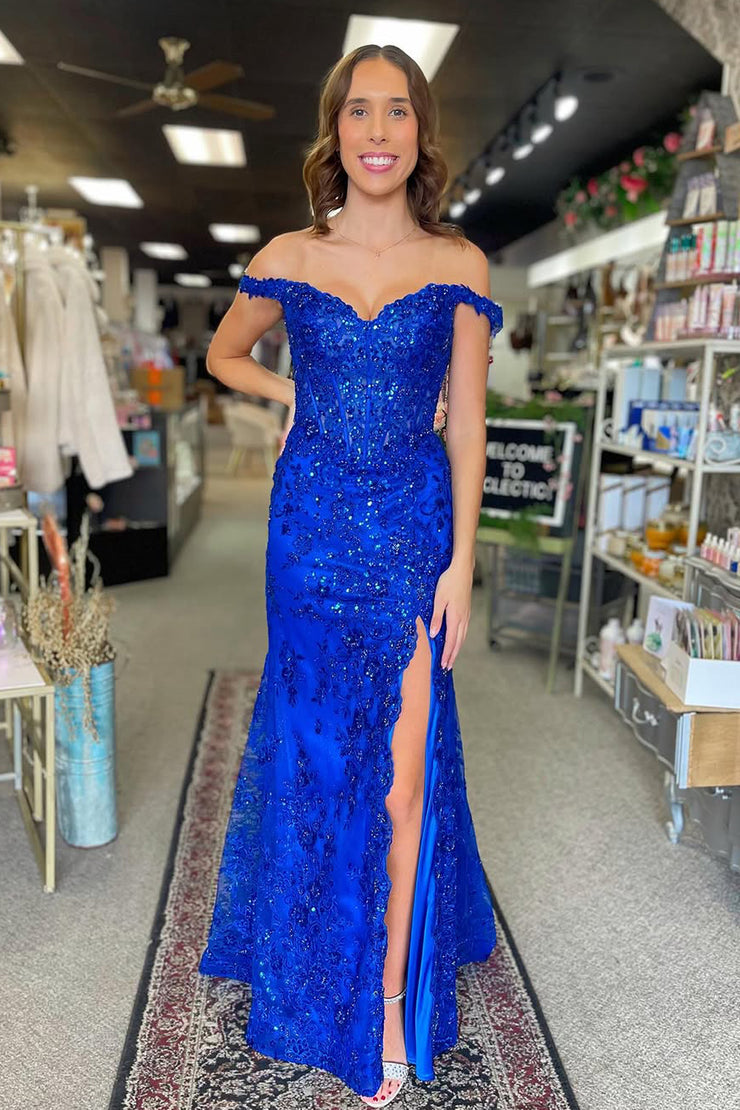 Charming Mermaid Off the Shoulder Royal Blue Sequins Lace Prom Dress