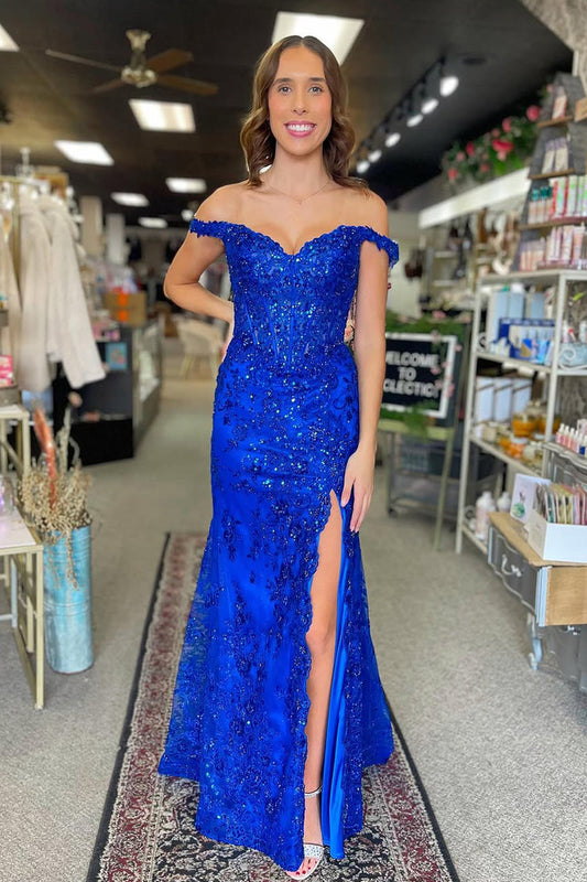 Charming Mermaid Off the Shoulder Royal Blue Sequins Lace Prom Dress