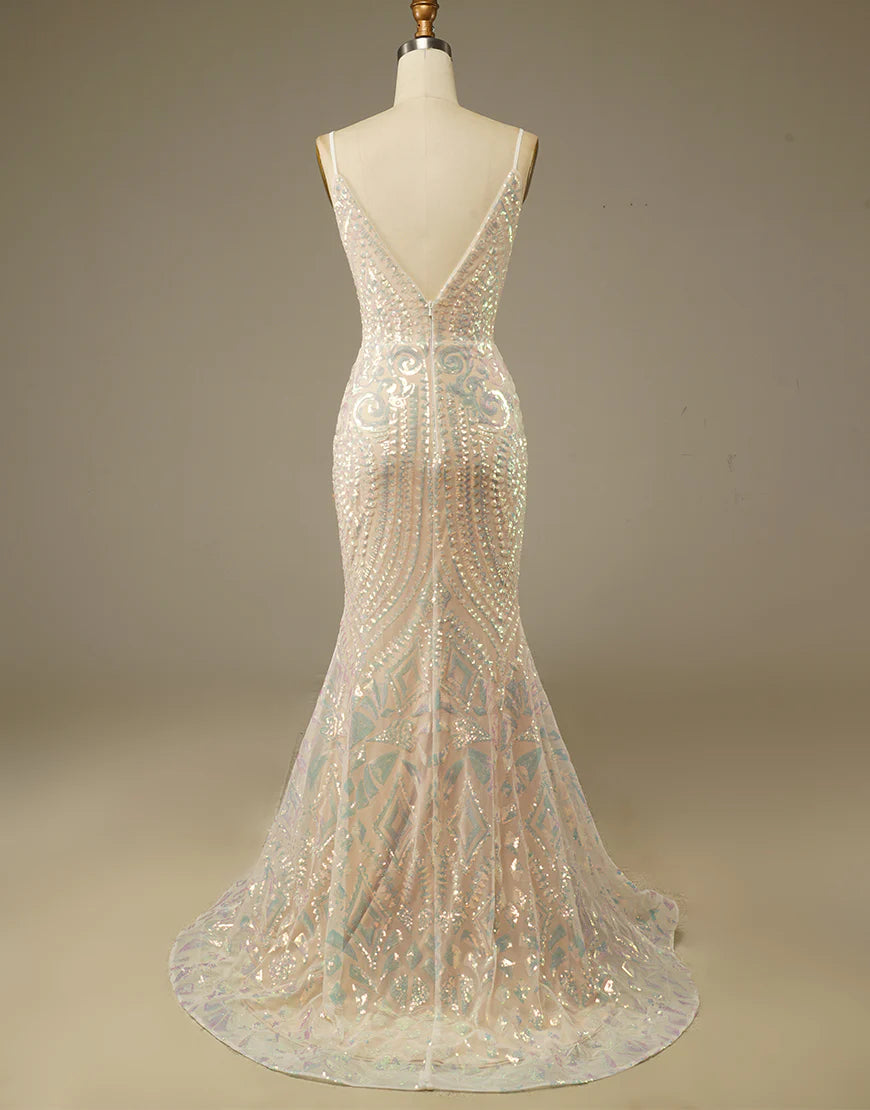 Glitter Mermaid Champagne V Neck Prom Dress Court Train Dresses